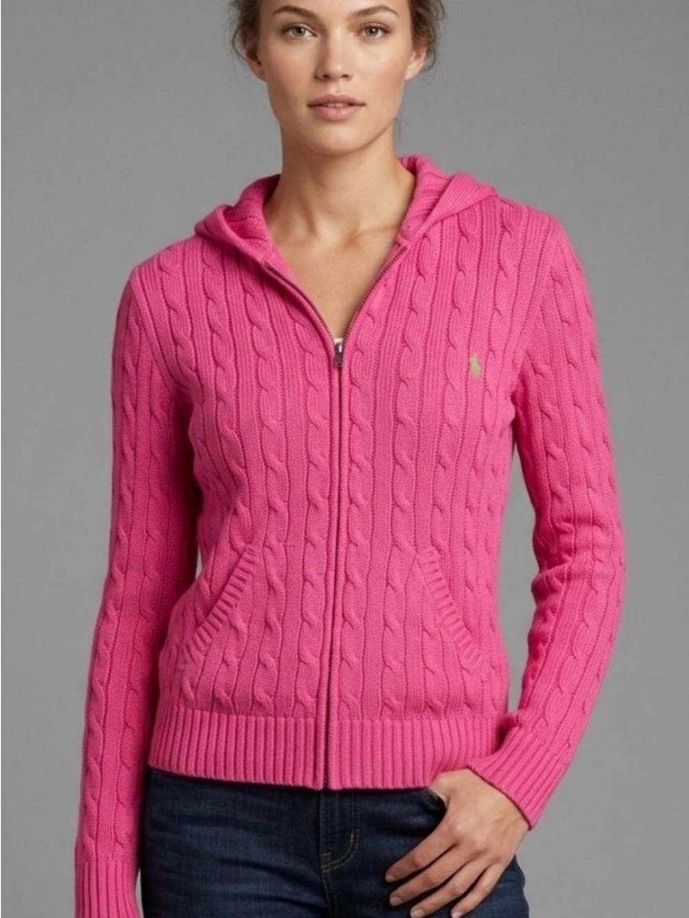 Ralph Lauren VTG Y2K Hot Pink Cable-Knit Zip Hoodie-No pockets